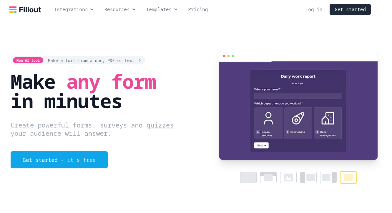 Fillout forms landing page