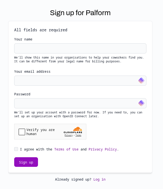 Palform sign up form